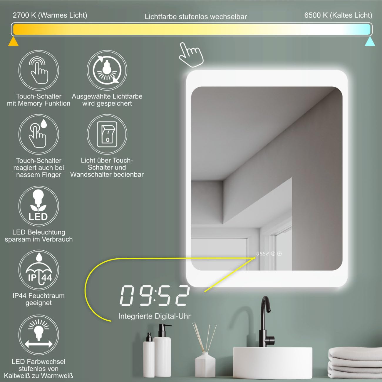 HOKO® Specchio-Bagno-con-Luce 60x80cm con Antiappannamento e Riscaldamento dello Specchio+Orologio Digitale. Interruttore Tattile+Luce LED Variabile Caldo-Freddo-Neutro 2700-6500k