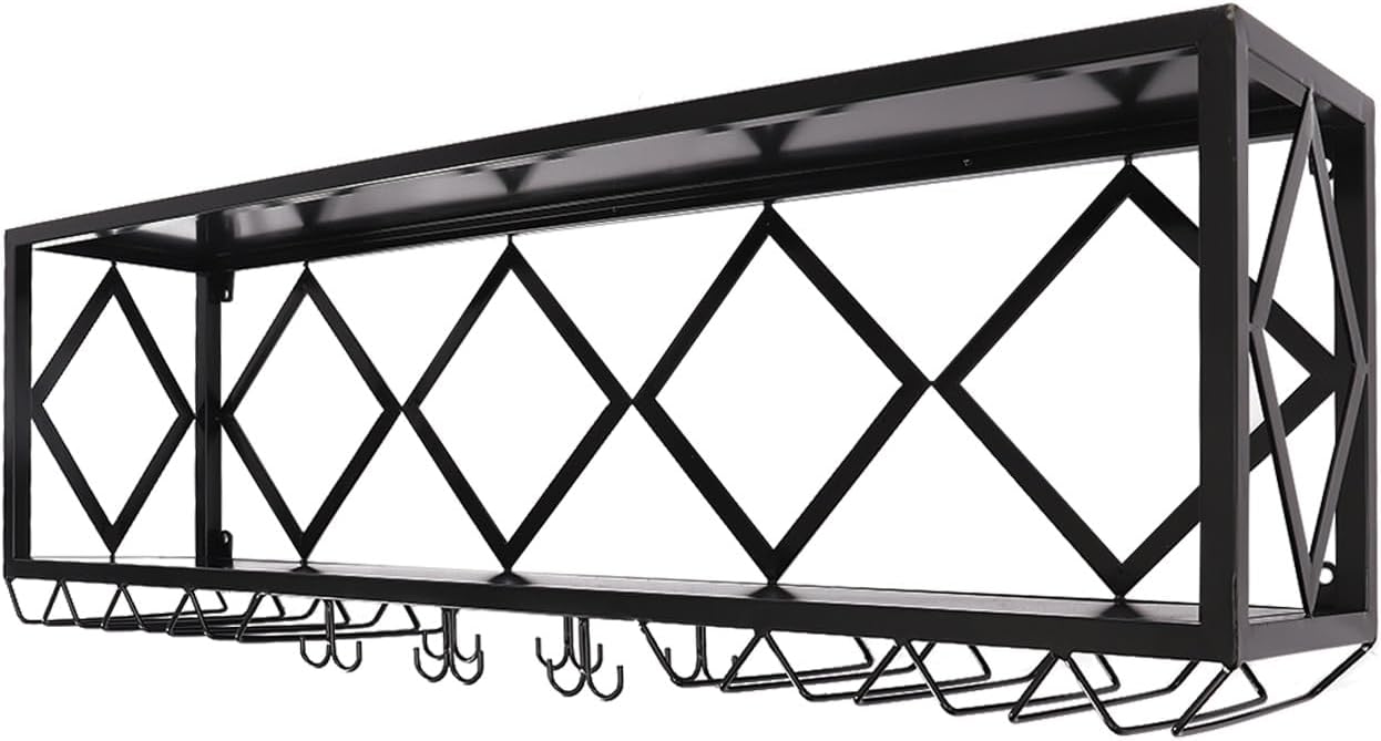 Gdrasuya10 Large Wine Rack Wall Mounted Floating Shelves, Black Wine Racks Goblet Rack Iron Liquor Wine Bottle Display Holder Wine Storage Organizer Rack for Home Decor