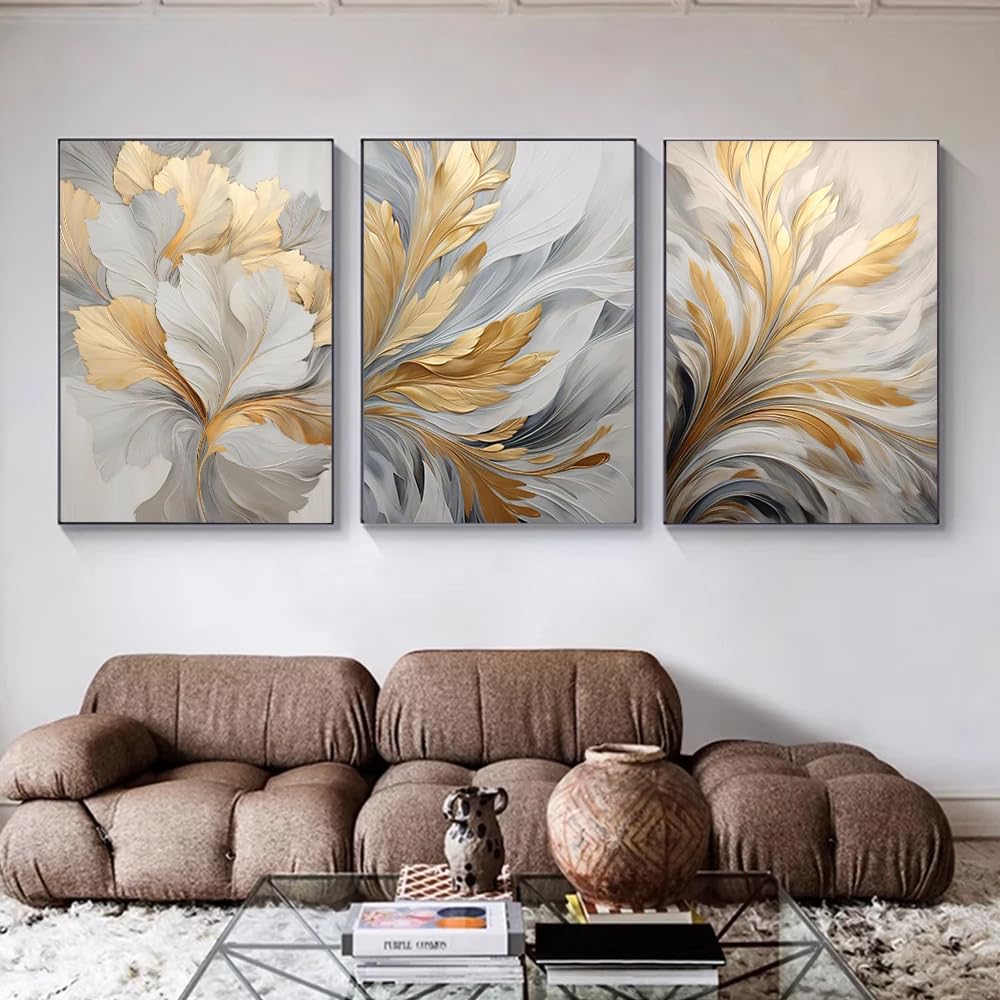 CLJKDX Abstract Gold And Silver Leaves Wall Art Canvas Painting Modern Nordic Poster and Print Wall Picture For Living Room Kitchen Decoration-40 * 60cm*3PCS (No Frame)