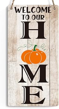FREHVN Welcome to Home Pumpkin Autumn Wood Sign Decoration Fall Wooden Signs Rustic Hanging Plaque Home Wall Art 6" x 12" Sign Wall Decor for Farmhouse Home Office