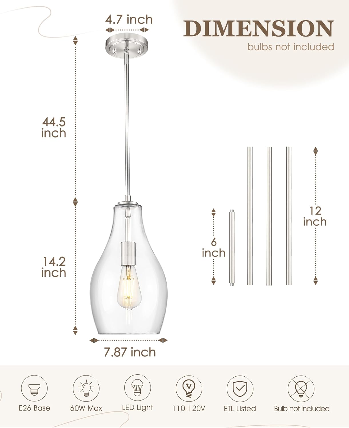 Large Pendant Lights Kitchen Island, 8" Brushed Nickel Hanging Light Fixtures with Clear Glass Shade, Modern Kitchen Pendant Lighting Over Island for Dining Room, AD-25045-1PB-SN Brushed Nickel 1-Pack