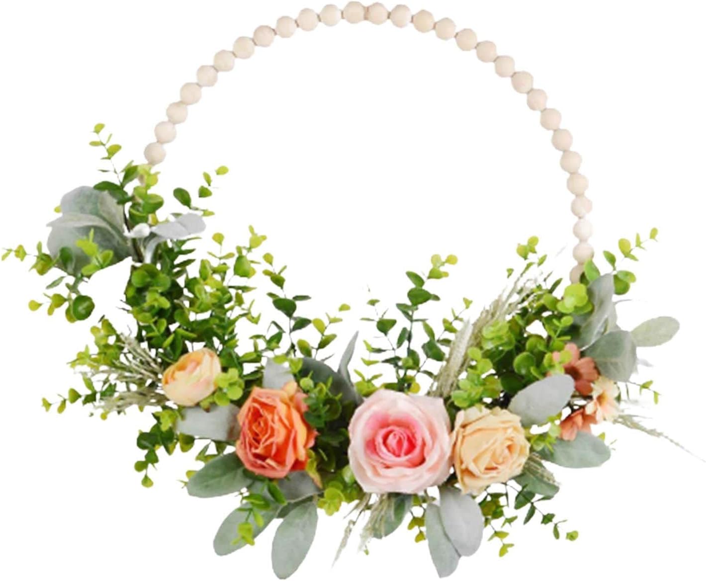 Artificial Wood Bead Wreath, Door Decorations Flower Hoop for Garden, Rose