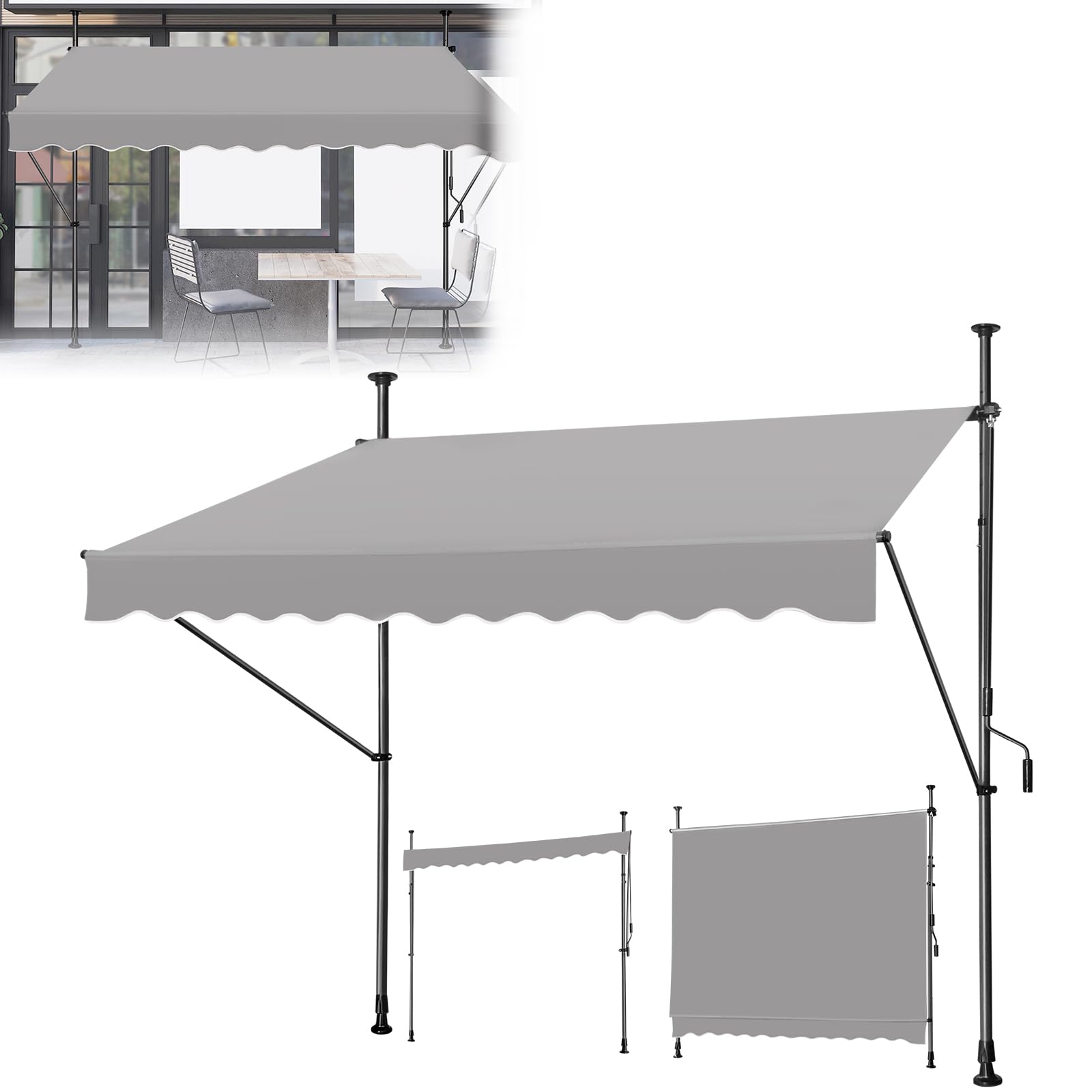 Tenda da sole con manovella, tenda da sole per balcone senza foratura, regolabile in altezza, impermeabile, resistente ai raggi UV (200 x 120 cm, grigio)