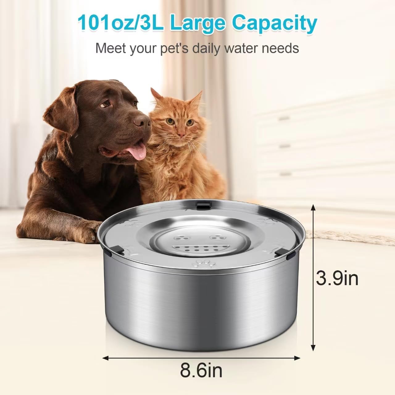 3L Dog Water Bowl，FRMITKL 101oz 304 Stainless Steel No Spill Large Capacity Dog Food Water Bowl Slow Water Feeder, Spill Proof Pet Water Dispenser Vehicle Carried Travel Water Bowl for Dogs, Cats
