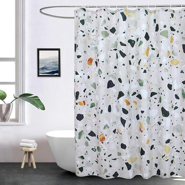 EurCross Green Terrazzo Extra Long Shower Curtains 180cm Wide x 200cm Drop,Mould proof Mildew Resistant and Machine Washable Shower Curtain for Bathroom with 12 metal grommets
