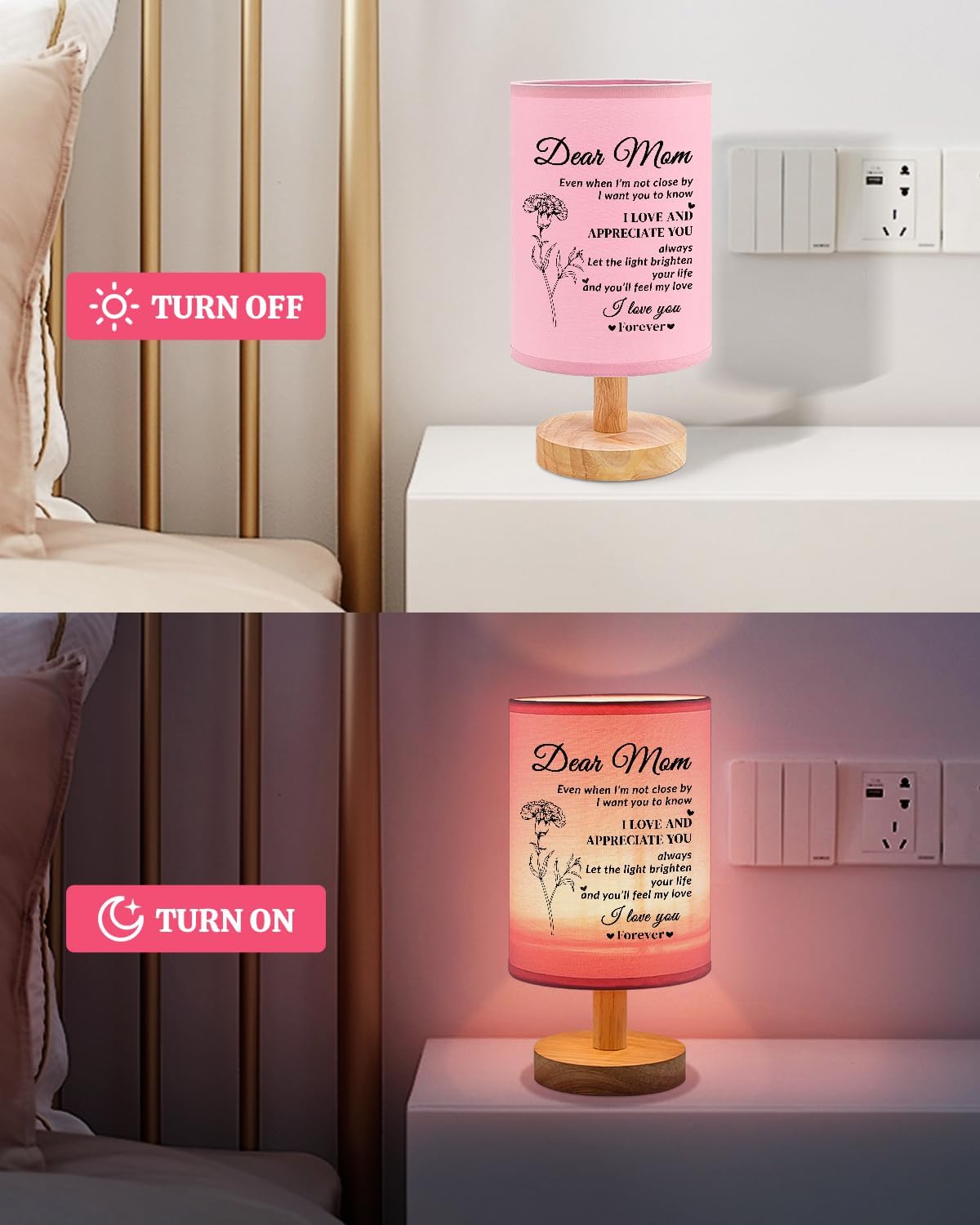 Gifts for Mom, Mom Birthday Gifts from Daughter Son, Beautiful Mothers Day Mother Fabric Bedside Lamp Gifts for Home Decoration,Pink - Image 4