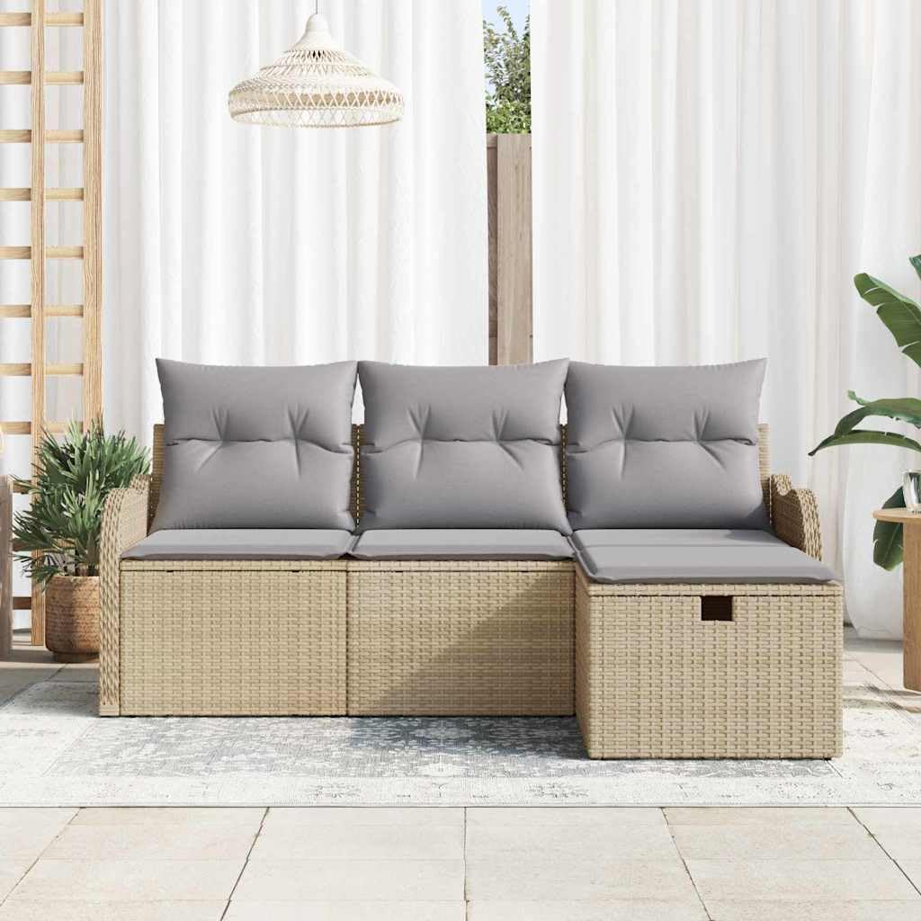 Set di 4 divani da giardino in polyrattan, tavolo lounge beige