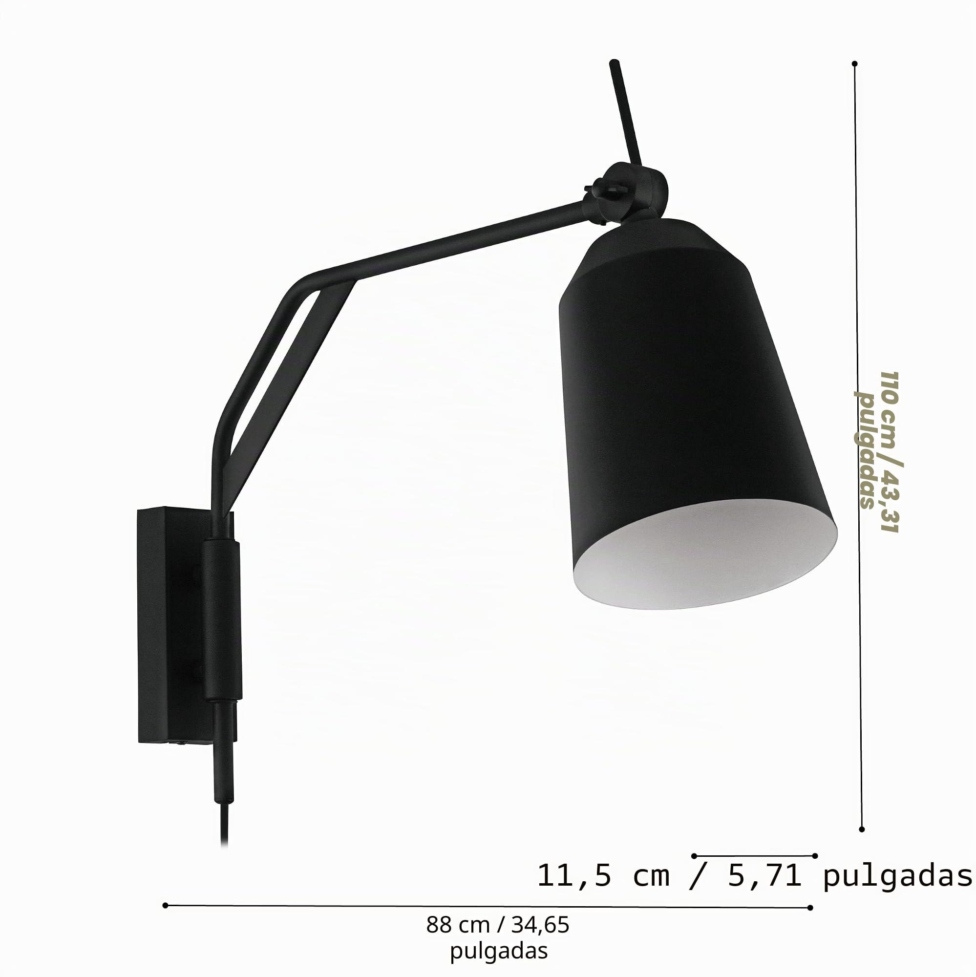 Eglo lámpara de pared Loreto, iluminador interior con interruptor y enchufe | aplique de pared con brazo giratorio, luminaria de pasillo de metal en blanco y negro, luz con casquillo E27