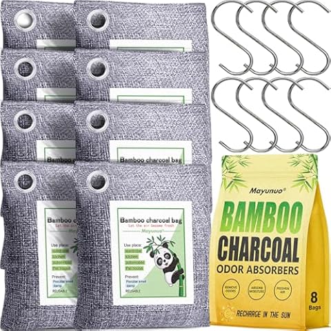 Mayunuo Bamboo Activated Charcoal Odor Absorber Nature Fresh Air Purifying Bag, 8 Pack w Hooks, Home Closet Car Air Freshener Deodorizer Smell Eliminator Cover