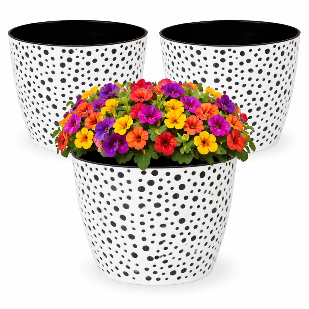 Home Garden Ornaments White+Black Plant Pots Indoor, Indoor Plant Pot - Vero Decorative Flower Pots With Basket And Insert, Polka Dot Pattern, Set Of 3 (Diameter: 21Cm, Colour: White And Black)
