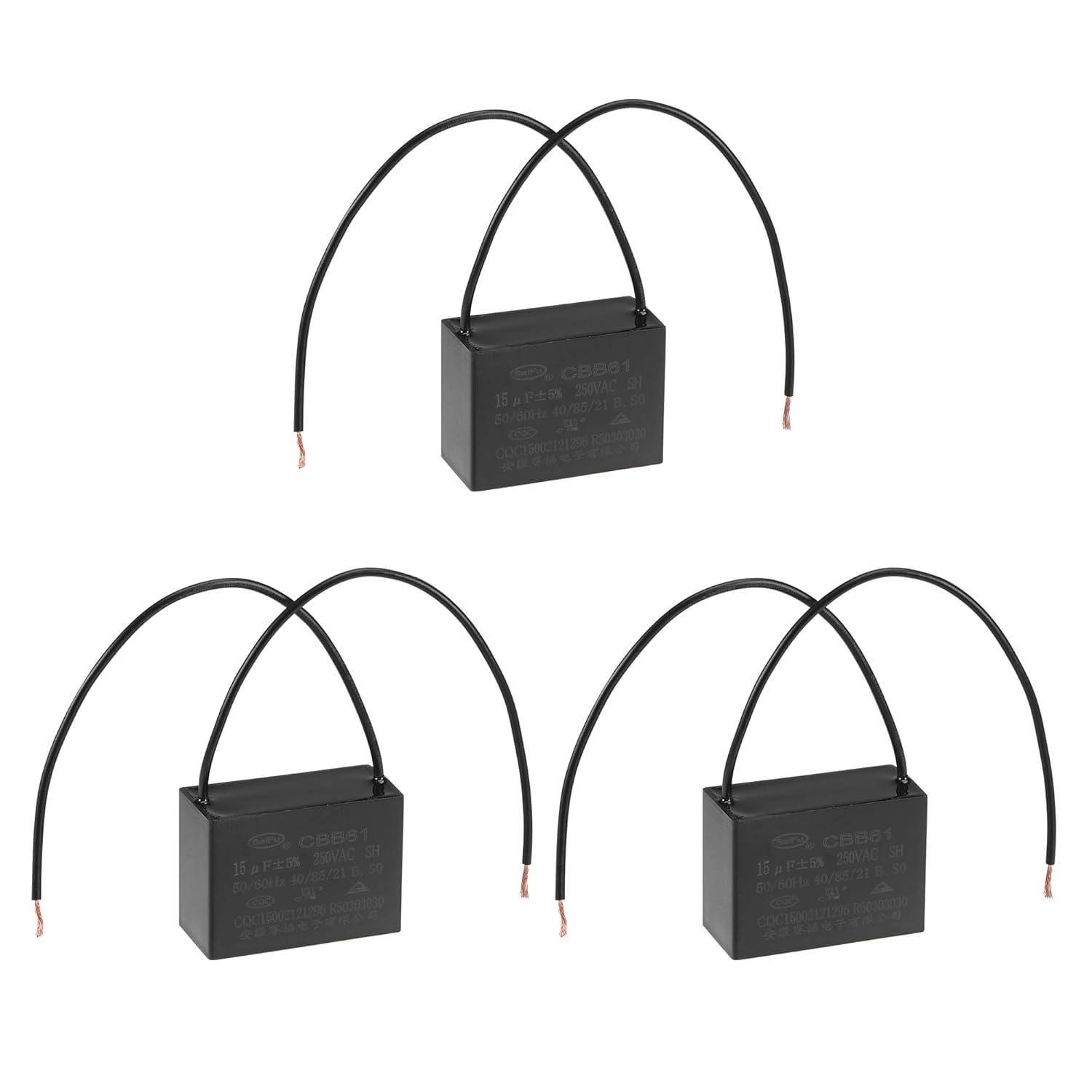 uxcell Ceiling Fan Capacitor CBB61 15uF 250V AC 2 Wires Metallized Polypropylene Film Capacitor 47x34x22mm for Electric Fan Pump Motor Generator 3Pcs