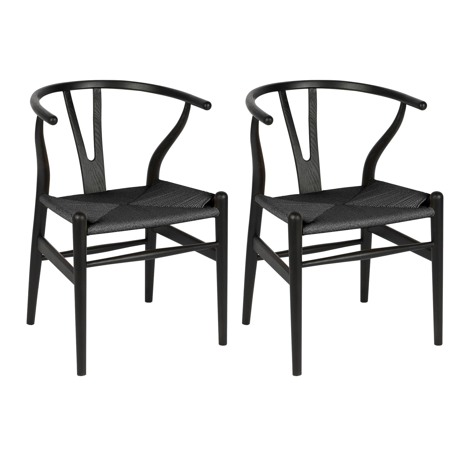 VODUR Wishbone Chairs Set of 2, Solid Ash Wood Dining Chairs (Black) | Handwoven Paper Cord Seat, Curved Armrests, Ergonomic Y Back, Mortise & Tenon