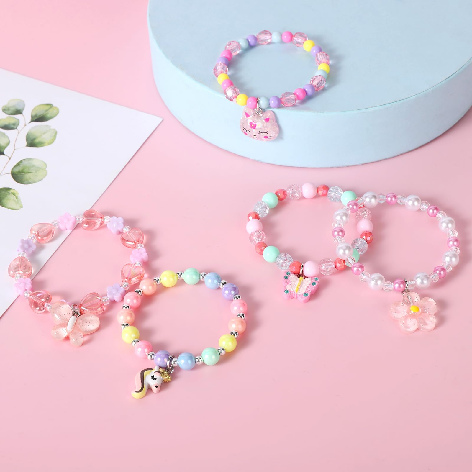 BGSHEMNI 5 Pieces Colorful Girls Unicorn Bracelets Rainbow Beaded Bracelet for Birthday Party Favors Flower Friendship Bracelet Jewelry Little Girls Toddler Costume Butterfly Jewelry