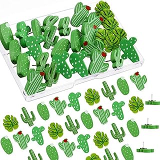 Wooden Push Pins Cactus Palm Leaf Thumb Tack Decorative Cute Pushpins for Photos Wall, Maps, Bulletin Board or Cork Boards (50 Pieces)