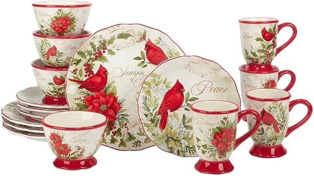 16 Pc Dinnerware Set Service for 4 Green Multi Color Red Floral Casual Modern Contemporary Round Piece Dishwasher Safe Microwave