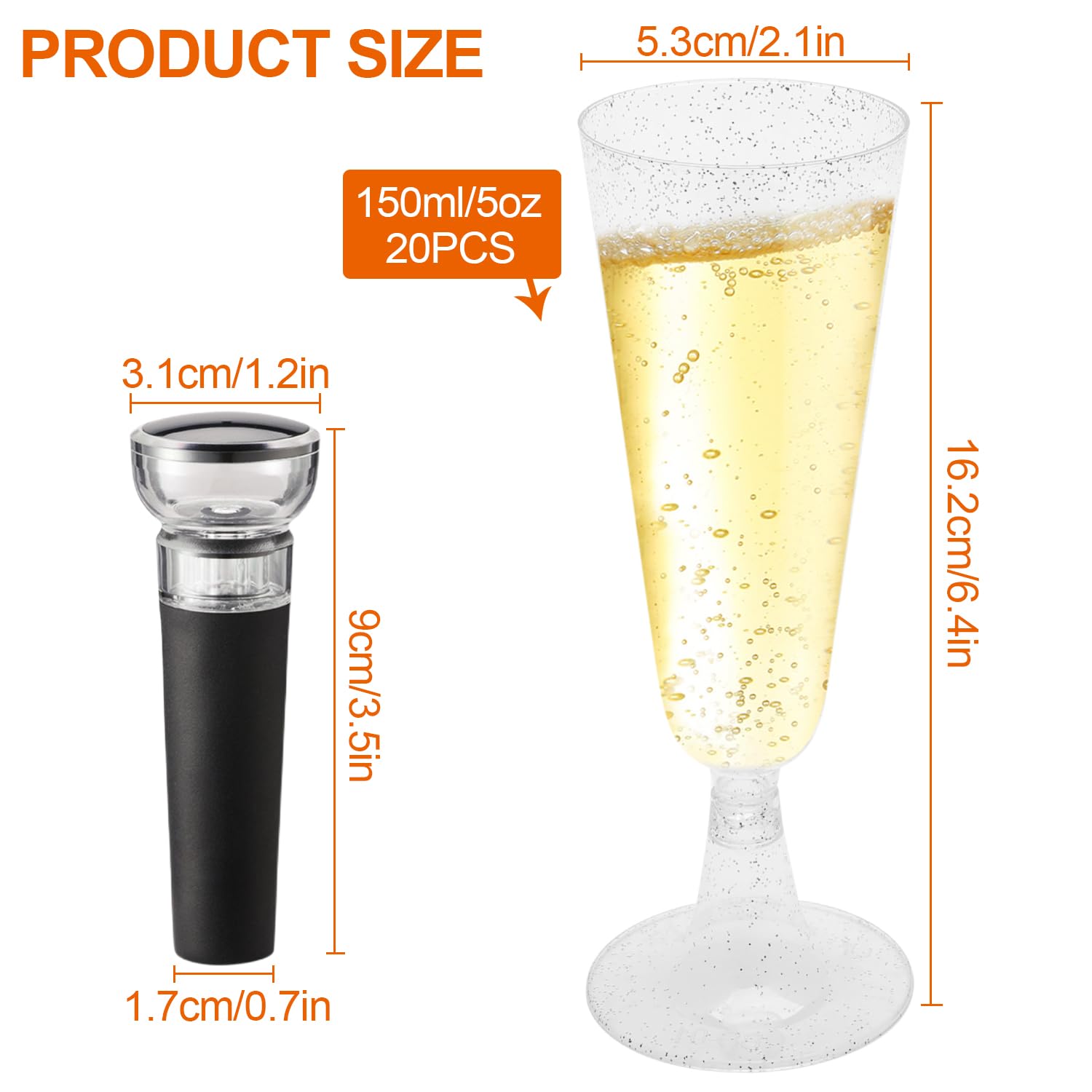 20 Pezzi Flute Plastica Riutilizzabili Argento 150ml, Calici Plastica Rigida Lavabili, Bicchieri Champagne con Tappo Vino Sottovuoto per Feste, Matrimoni