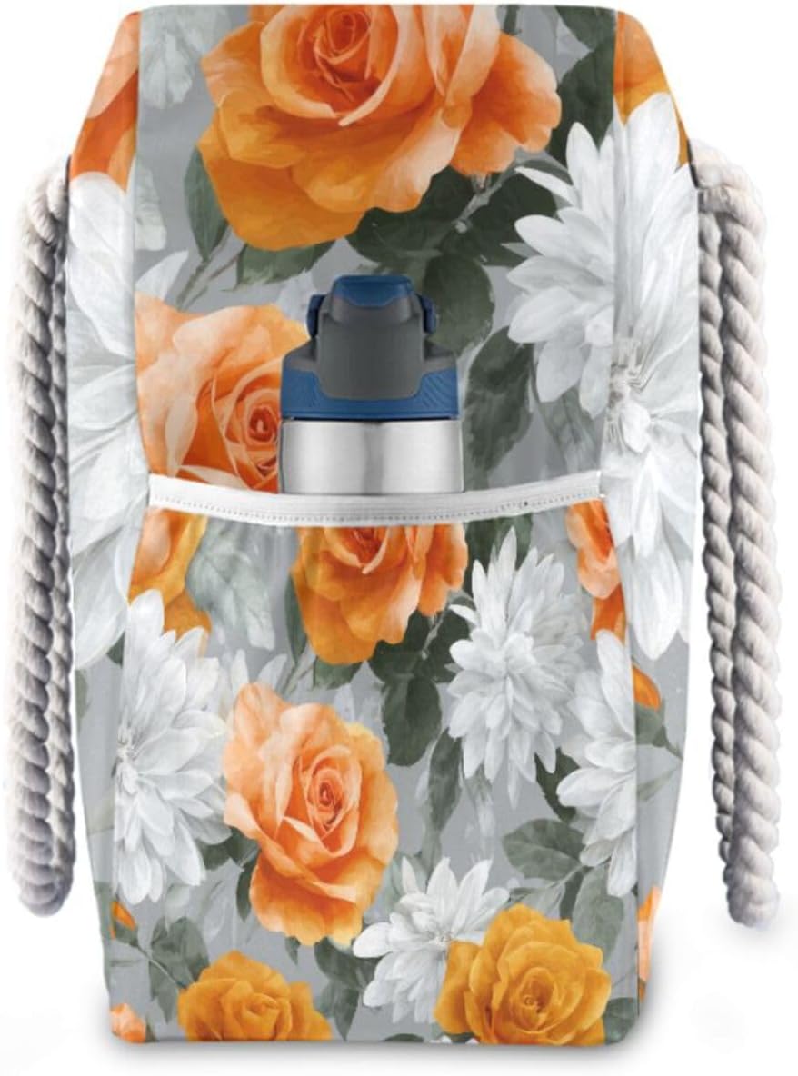 OTVEE Roses and White Flower Pattern Beach Bags for Women Ladies Large Canvas Tote Shoulder Bag Waterproof Travel Bags for Gym Swim Pool Camping