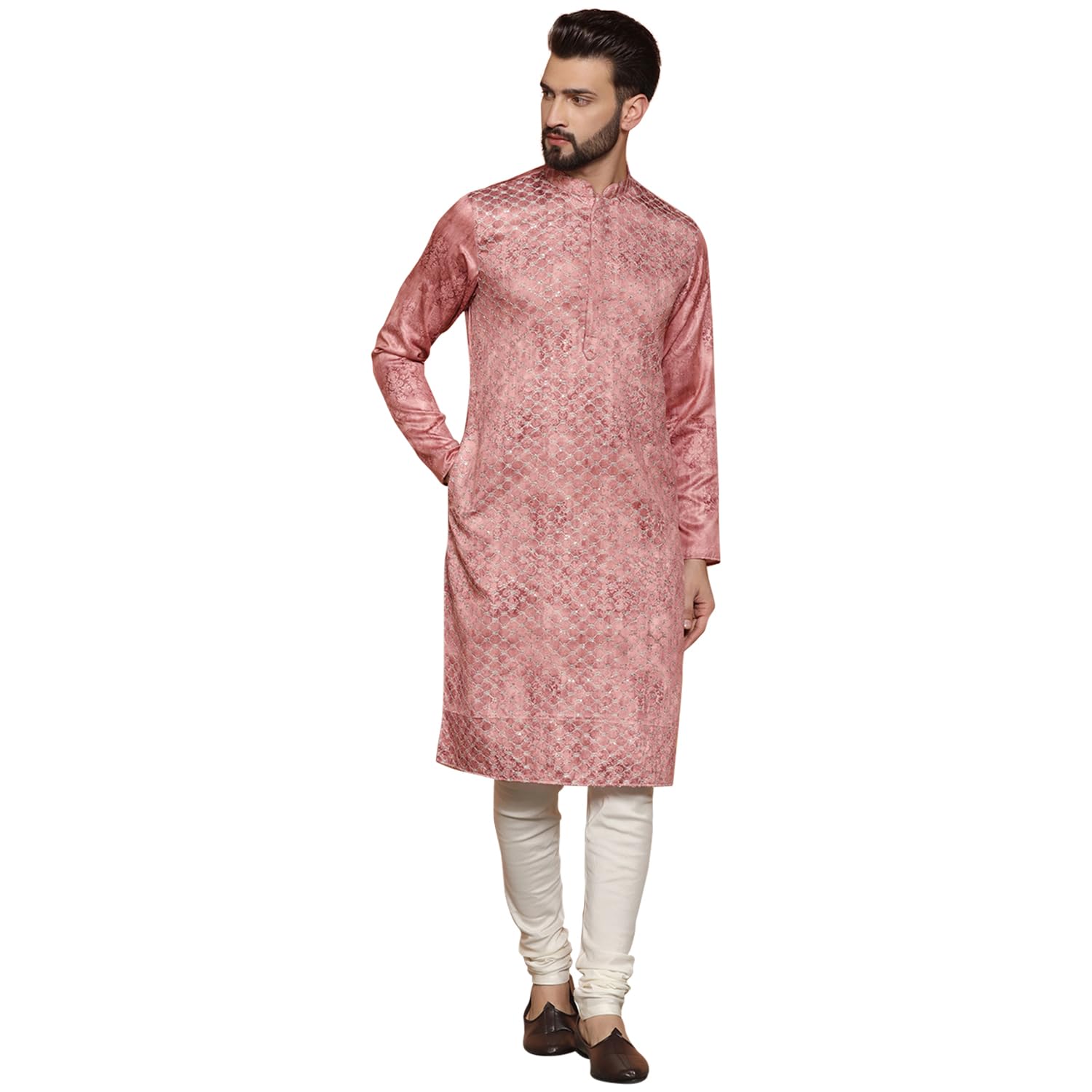 Kisah Men's Regular Fit Embroidered Silk Blend Light Pink Kurta Churidar Set, L