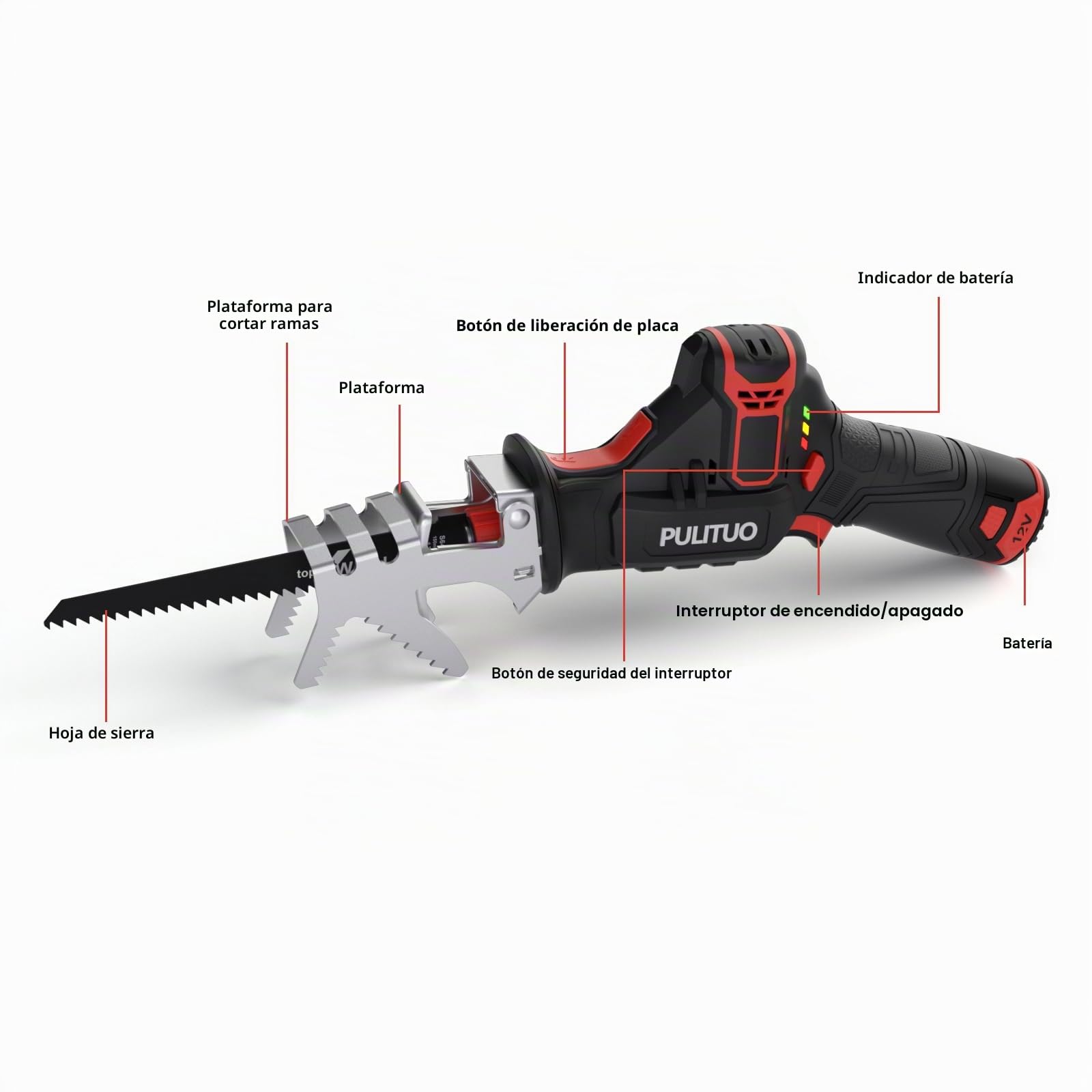 Sierra Sable Inalámbrica,PULITUO 12V Sierra Alternativa con velocidad variable 0-2700RPM,sierra recíproca kit,2.0Ah Batería&1h Cargador Rápido,4 Hojas de Sierra Para Cortar Madera y Metal