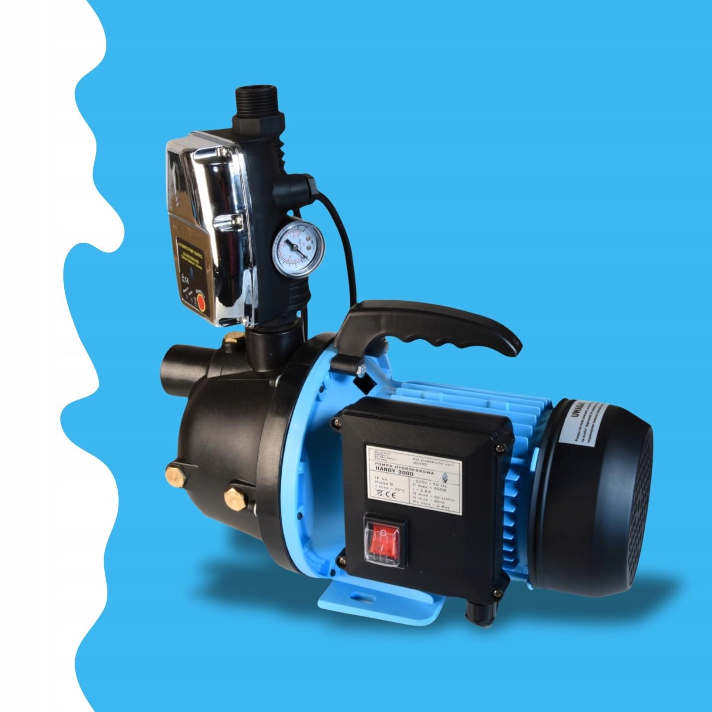 Wasserpumpe HANDY 3000 mit Elektronische Druckschalter CSK 5 - Pumpensteuerung - Gartenpumpe Tragbare - (550W 3000l/h Förderhöhe 40m) - Trockenlaufschutz - Hauswasserautomat - für Bewässerung Garten