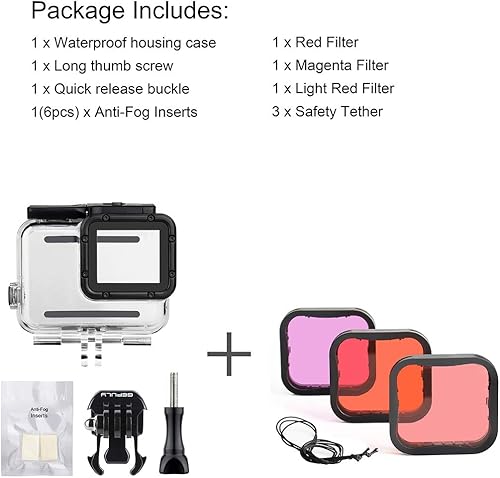 Miniatura 9 de Carcasa impermeable con filtro de buceo para GoPro Hero 7 6 5 Negro, Hero (2018) Cámara - 147.6 ft fotografía submarina - con filtros rojos, rojos y