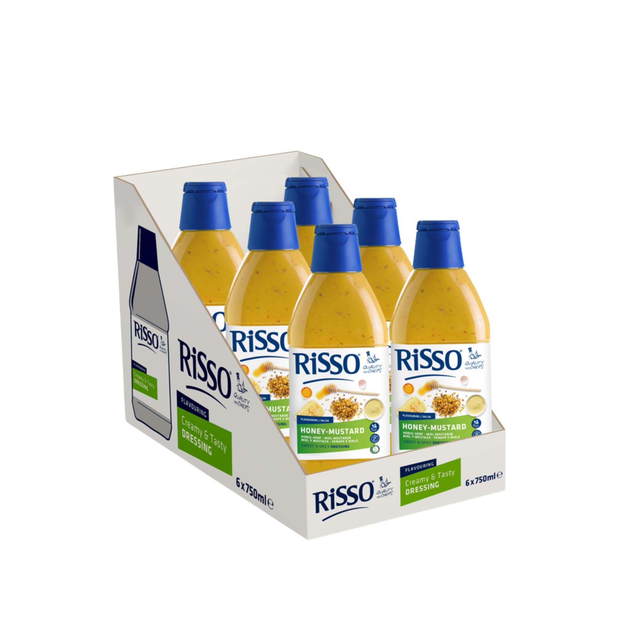 Miel Mostaza - Salsa de Mostaza y Miel con Semillas de Mostaza de Dijon - Pack de 6 Botes de 750 ml - Producto Vegetariano y Sin Gluten - Delicioso e Intenso Sabor - Risso