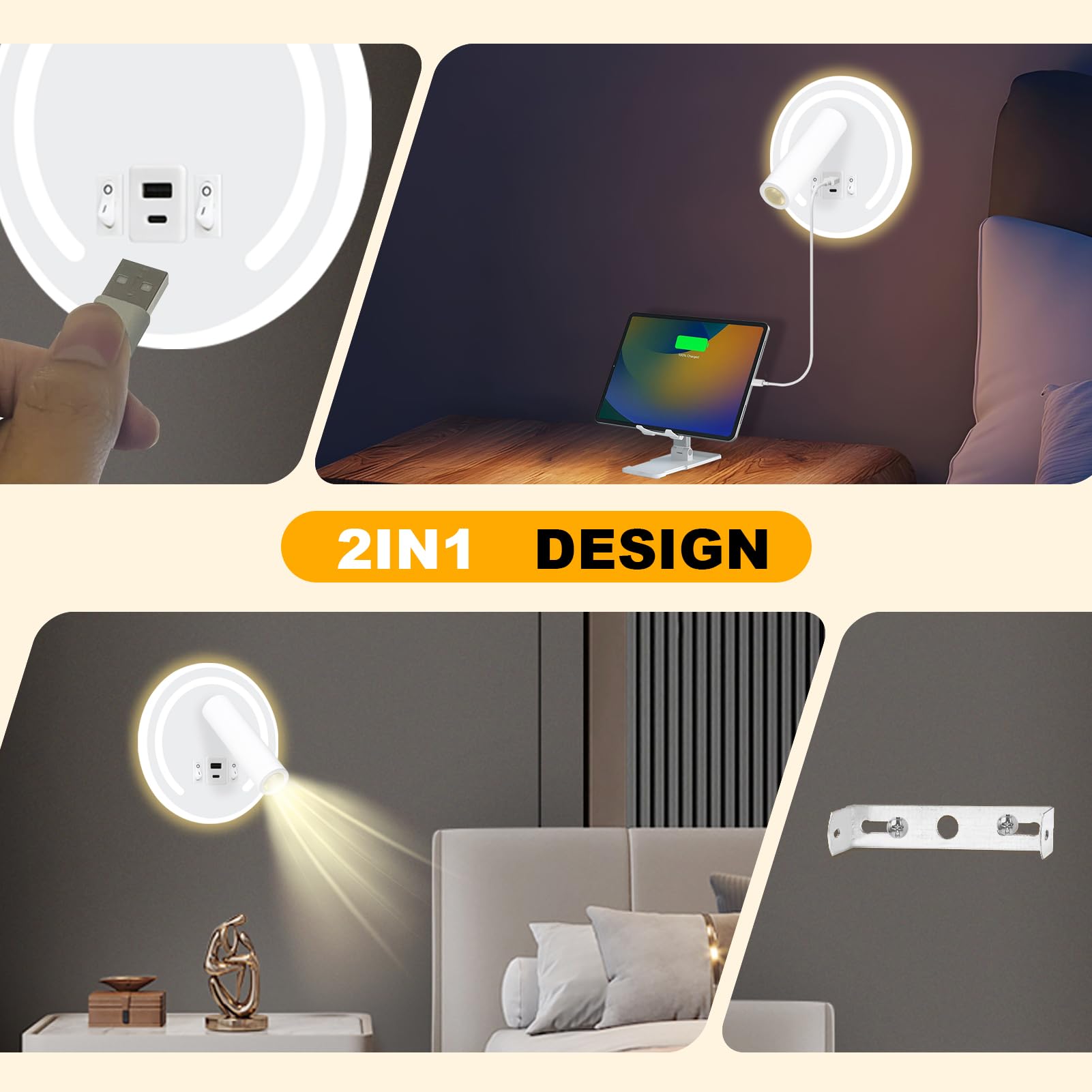 HUIZHOU Reading Wall Mounted 3W+9W LED Reading Lamp,USB Charging Port,3000K Rotating Bedside Lamp Suitable for Bedroom Stairs - Image 3