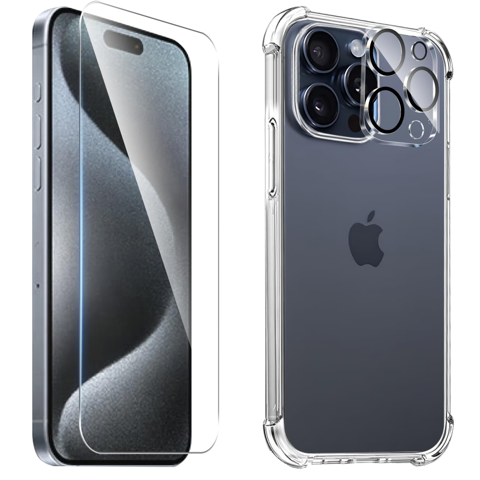対応 iPhone 15 Pro ガラスフィルム + カメラフィルム + ケース 日本旭硝子製 iphone15 pro フィルム 強化ガラス レンズフィルム 硬度9H 飛散防止 高透過率 アイフォン15 プロ カバー 柔軟 TPU 全透明 散熱加工 黄変しにくい 【全面保護カバー 耐衝撃 落下防止 すり傷防止 薄型 軽量 携帯便利 指紋防止 気泡ゼロ 自動吸着 貼り付け簡単 】