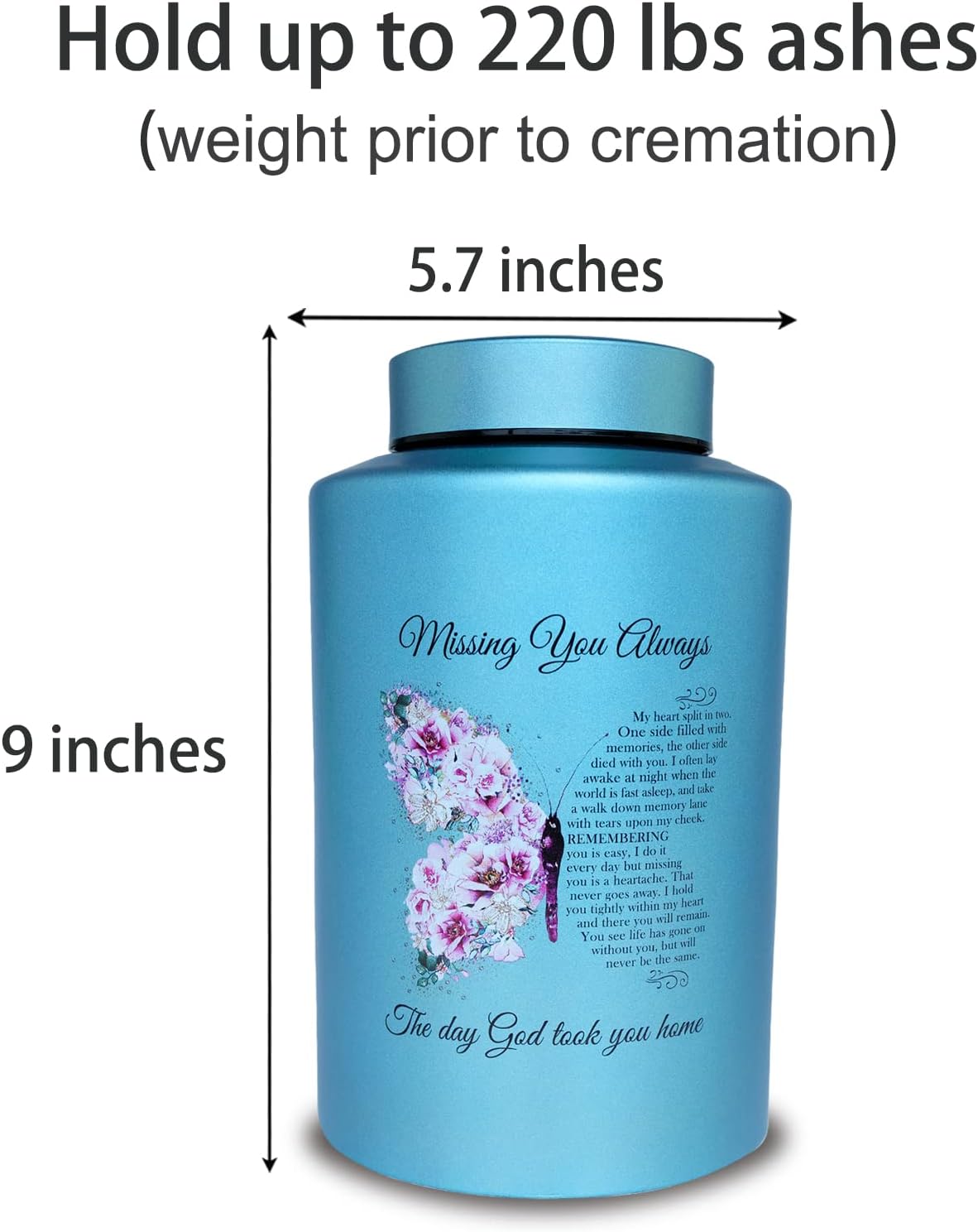 Up to 220 lbs Large Stainless Steel Cremation Urns for Adult Male Female Ashes, Funeral Memorial Keepsake Waterproof Urn for Human Women Man Remains, Custom-Engraved Name and Photo(Butterfly)