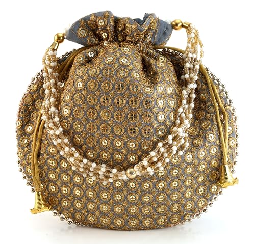 Image of Potli Bag Golden work wedding potli for ladies Gift for women handbags traditional Indian Wristlet with Drawstring Ethnic Embroidery Fashion Potli.
