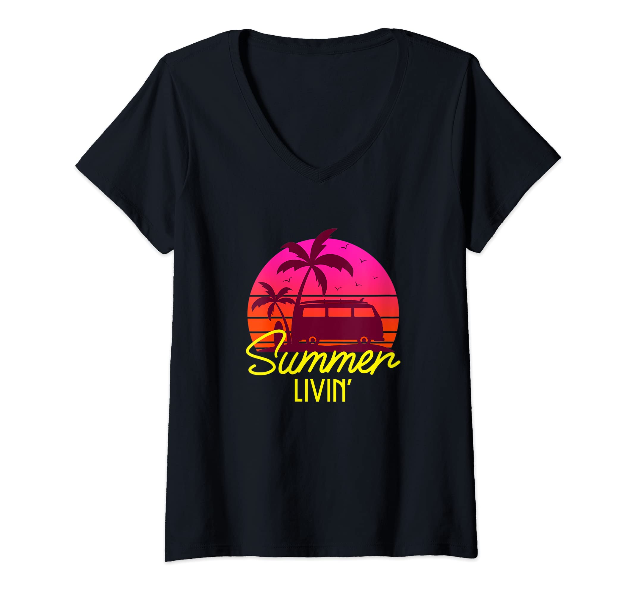 Womens Summer Livin' Sunset Themed TShirt V-Neck T-Shirt