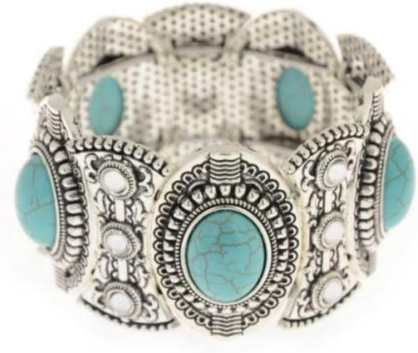 ElfKat ~ BOHO Statement Bracelet Valentine’s Day Tibetan Silver & Faux Turquoise ~ Stretch Style ~ Chic Gift For Women