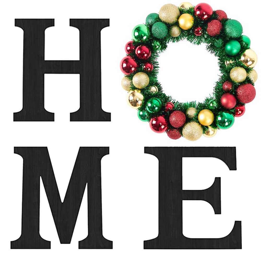 Wooden Home Sign with Artificial Christmas Wreath for O, Hanging Farmhouse Wall House Winter Decor Wood Letters for Wall Art Rustic Home Decor, Red Green Wreath for Living Room Entryway