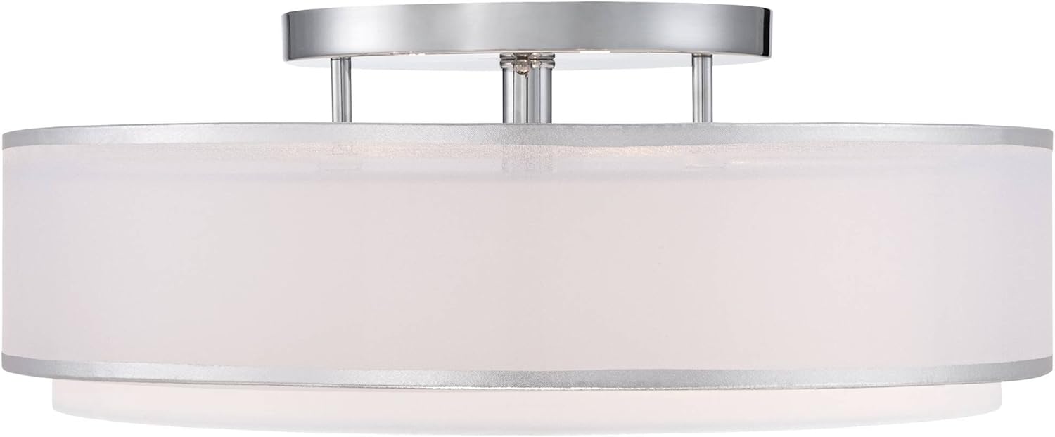 Possini Euro Design Double Organza Modern Ceiling Light Flush-Mount Fixture 20" Wide Chrome 3-Light Sheer Off White Drum Shades for Bedroom Kitchen Living Room Hallway Dining Bathroom Schoolhouse