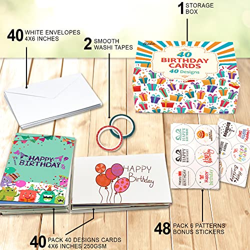 Feela Birthday Cards, 40 Pack 40 Designs Happy Birthday Card Assorted Bulk With 40 Blank Envelopes 48 Pieces Of Stickers 2 Washi Tapes, 4 X 6 Inches Greeting Cards For Girls Family Friends #TOP2