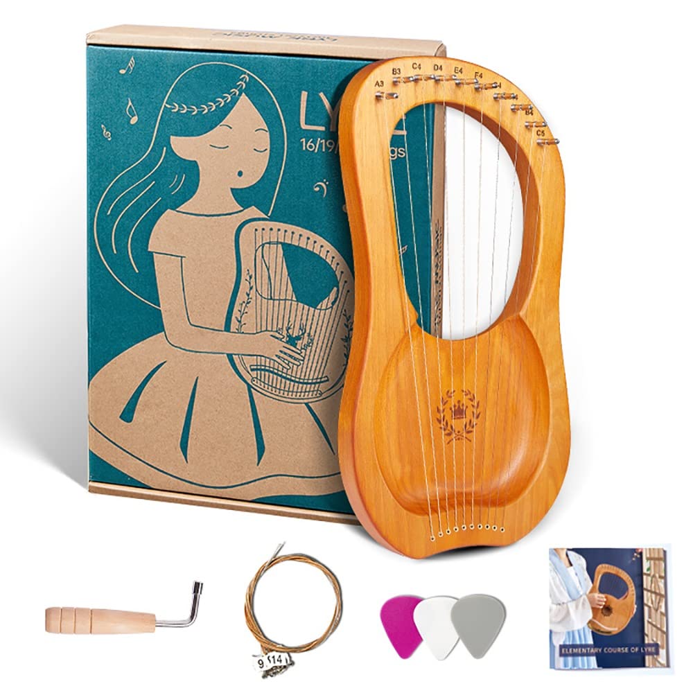 Lyraharfe mit 10 Saiten, Instrument aus massivem Mahagoniholz, mit Stimmschlüssel, Plektrum, Aufklebern, zusätzlichem Saitensatz, Geschenk für Musikanfänger, Kinder und Erwachsene