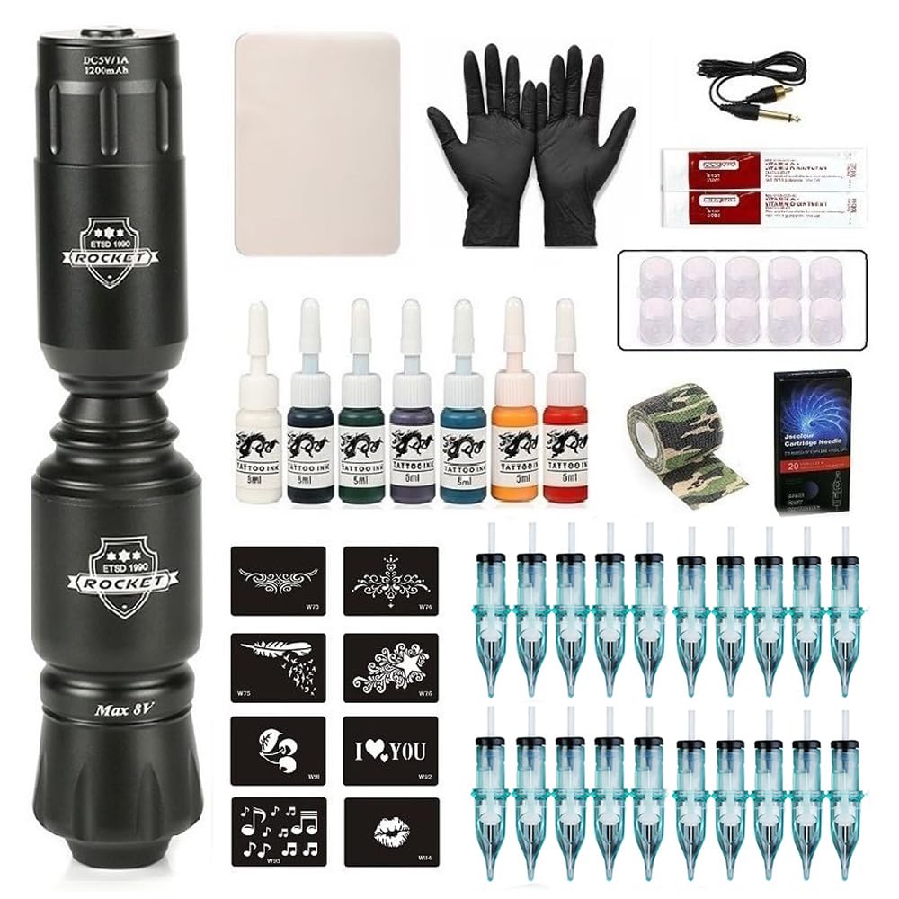 Professional Tattoo Machine Kit Rocket Tattoo Pen Set Wireless Tattoo Power Supply with Cartridge Needles for Tattoo Body Artist (Grey)