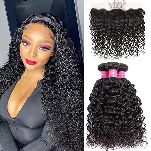 Brazilian Hair Water Wave Bundles with Frontal 13x4 Free Part Lace Frontal with 3 Bundles 100% Virgin Human Hair Bundles Brazilian Hair Extensions Natural Color (12 14 16+12)