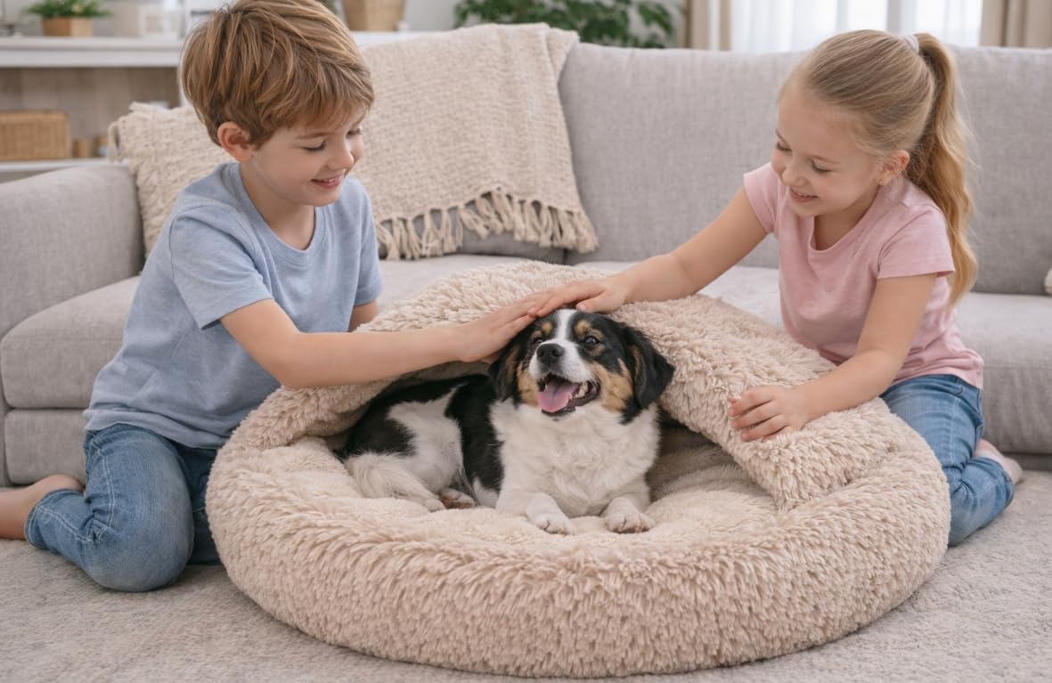 Odolplusz Rundes Kuschel-Hundebett und Katzenbett, Beige, Shaggy Bouclé, Schlafsack-Design, Warmes Höhlenbett, Rutschfester Boden, Maschinenwaschbar, für Mittelgroße Hunde und Große Katzen (80 cm)