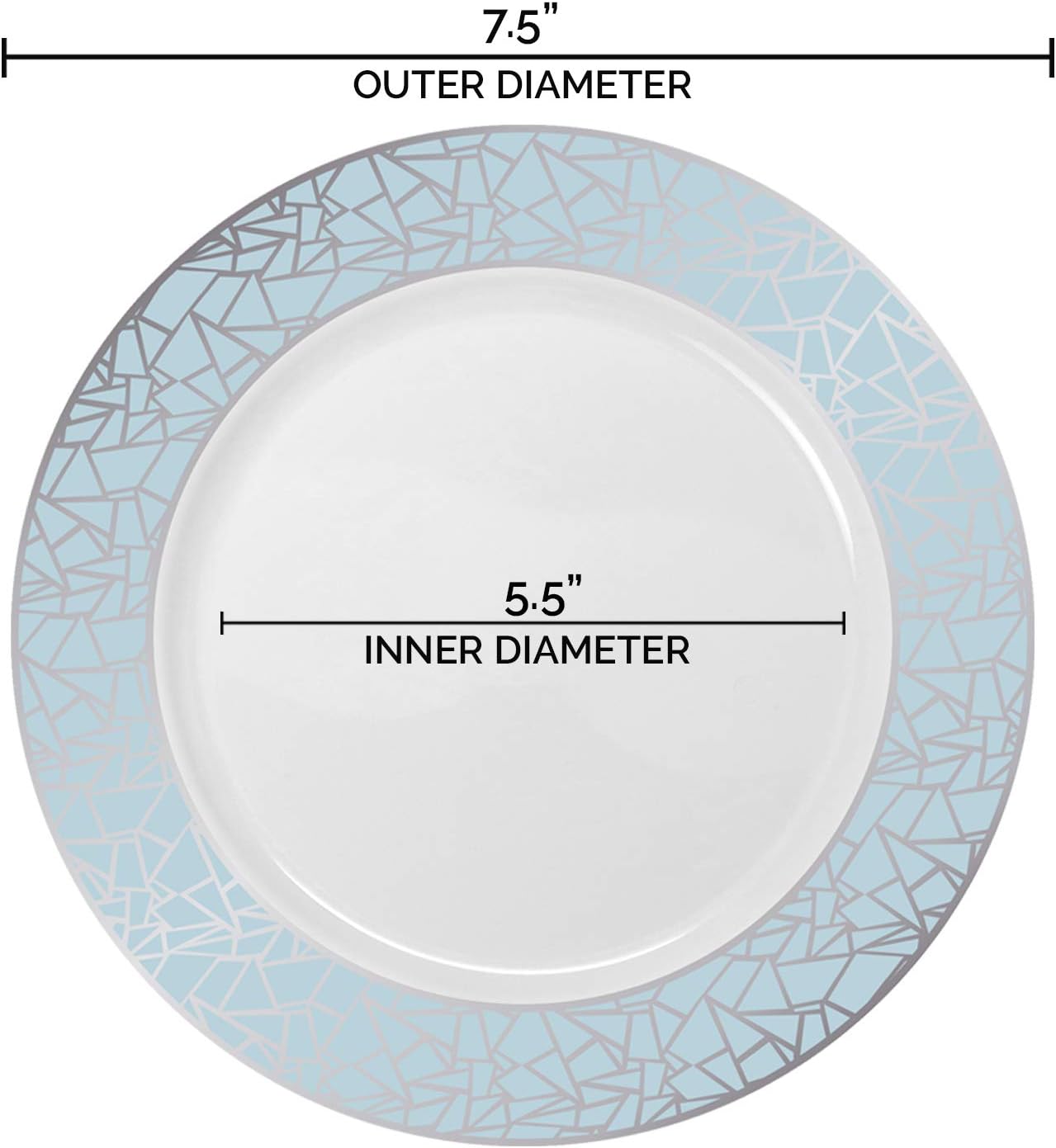 Elegant Disposable Plastic Dessert Plates 120 Pcs - 7.5" Heavy Duty Salad Plates - White with Blue & Silver Mosaic Appetizer Plates - Bulk Catering Party Supplies For Wedding, Birthday & All Occasions