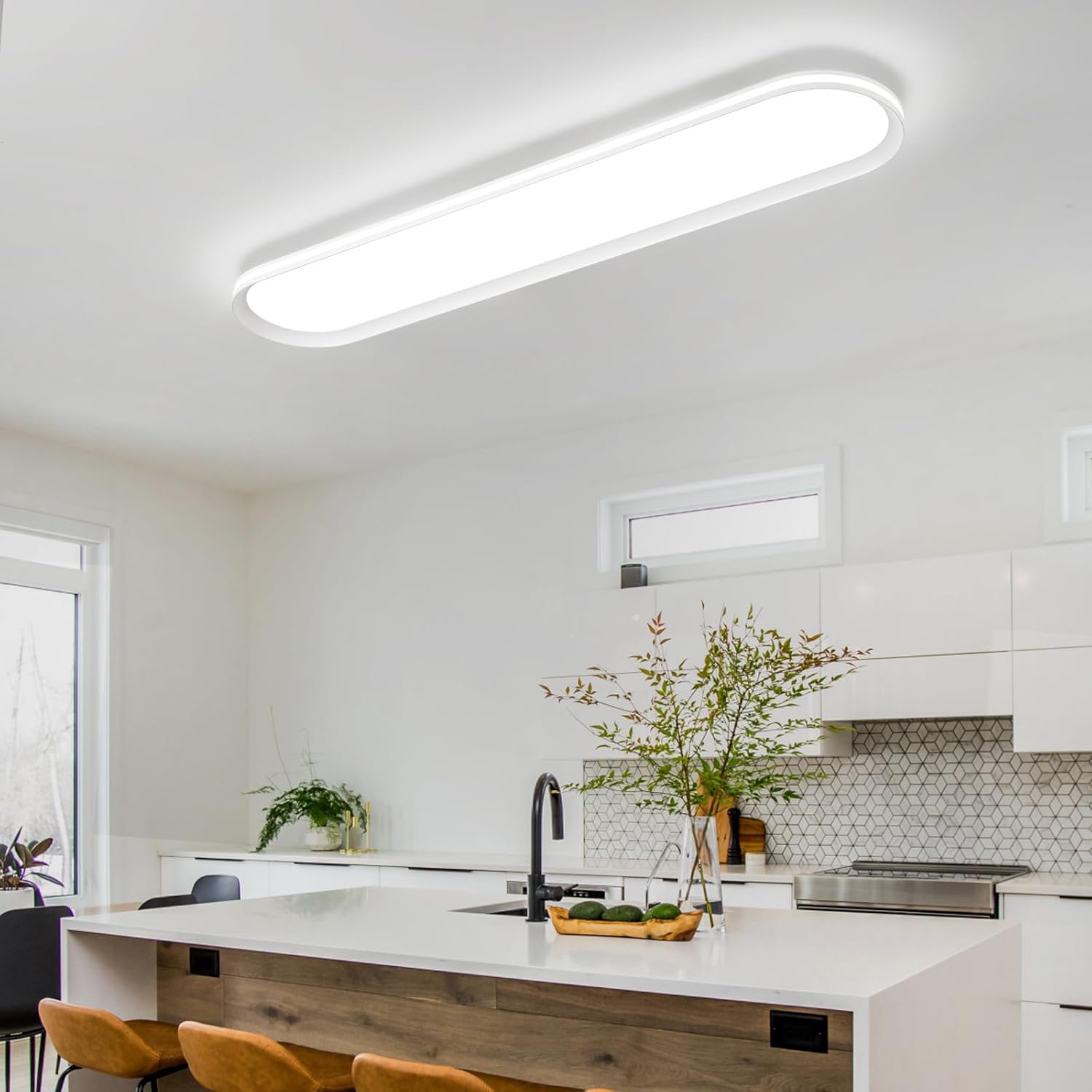 ADISUN Modern LED Ceiling Light Dimmable Linear Ceiling Light 39.4in Semi Flush Mount Long Lights with Remote Control and Side Lighting for Living Room Kitchen Dining Room, 2 Pack, White(65W)