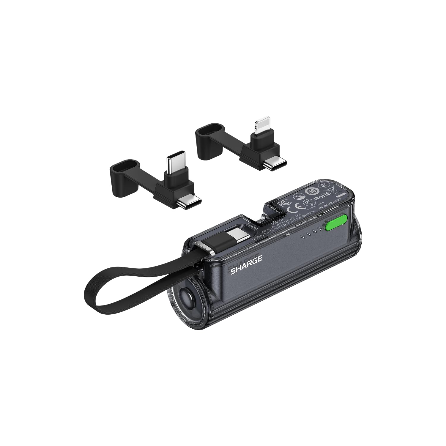 SHARGE Flow Mini 2 Power Bank 22.5w Max, Kleine Powerbank für Unterwegs, Schnelllade-Akkupack mit Lightning- und USB-C-Anschluss, Tragbares Ladegerät mit Integriertem Kabel für iPhone 16/15/14, Galaxy
