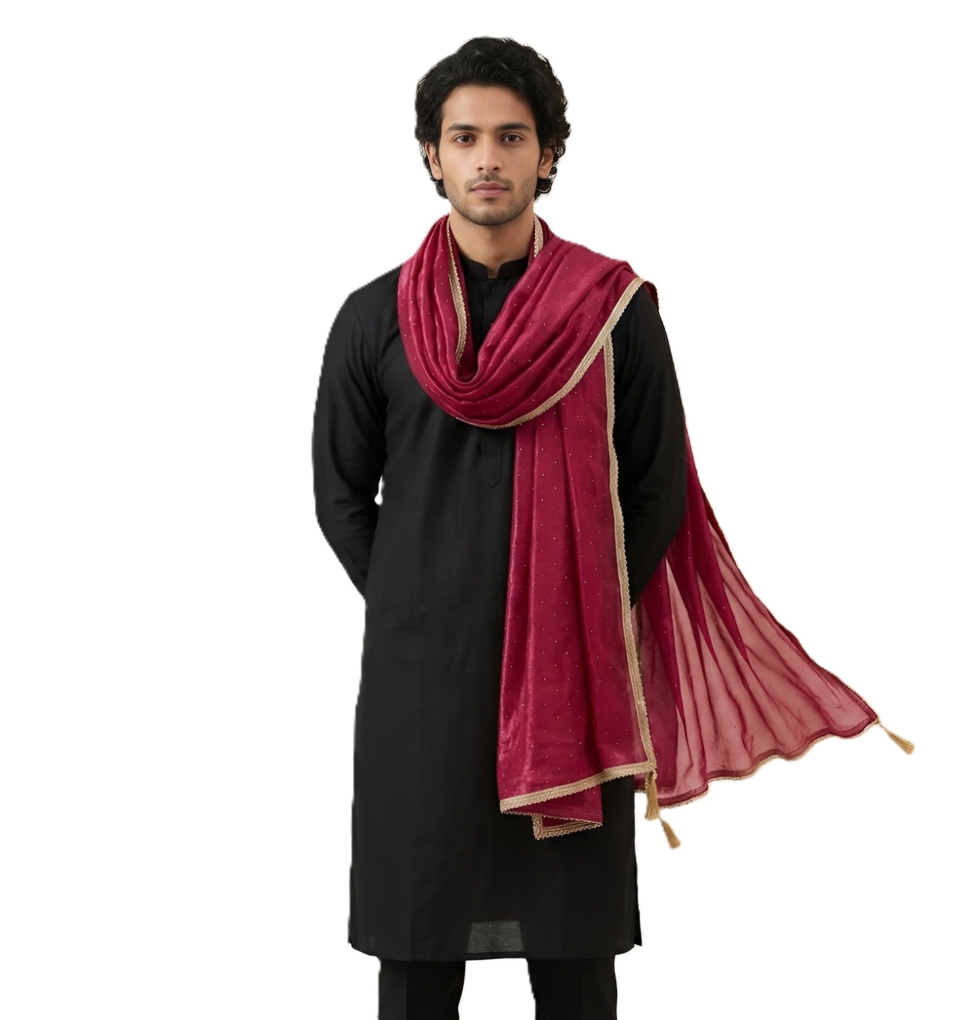muffly Men's Net Dupatta with Twill Small Gold Beads Work | Lightweight Sheer Ethnic Dupatta with Elegant Border & Tassels-picture-25