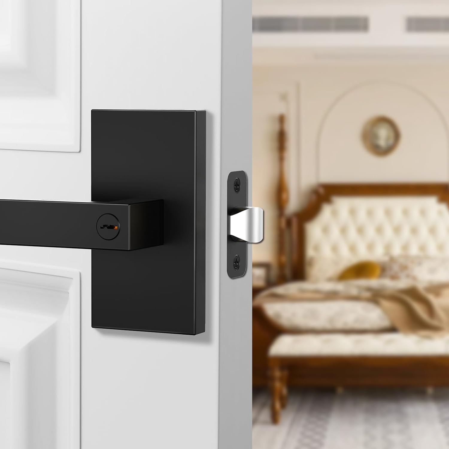 Matte Black Exterior Door Knob, Square Contemporary Entry Lever Door Handle, Keyed Alike Entry Locksets, Heavy Duty Zinc-alloyed Front Door Lock