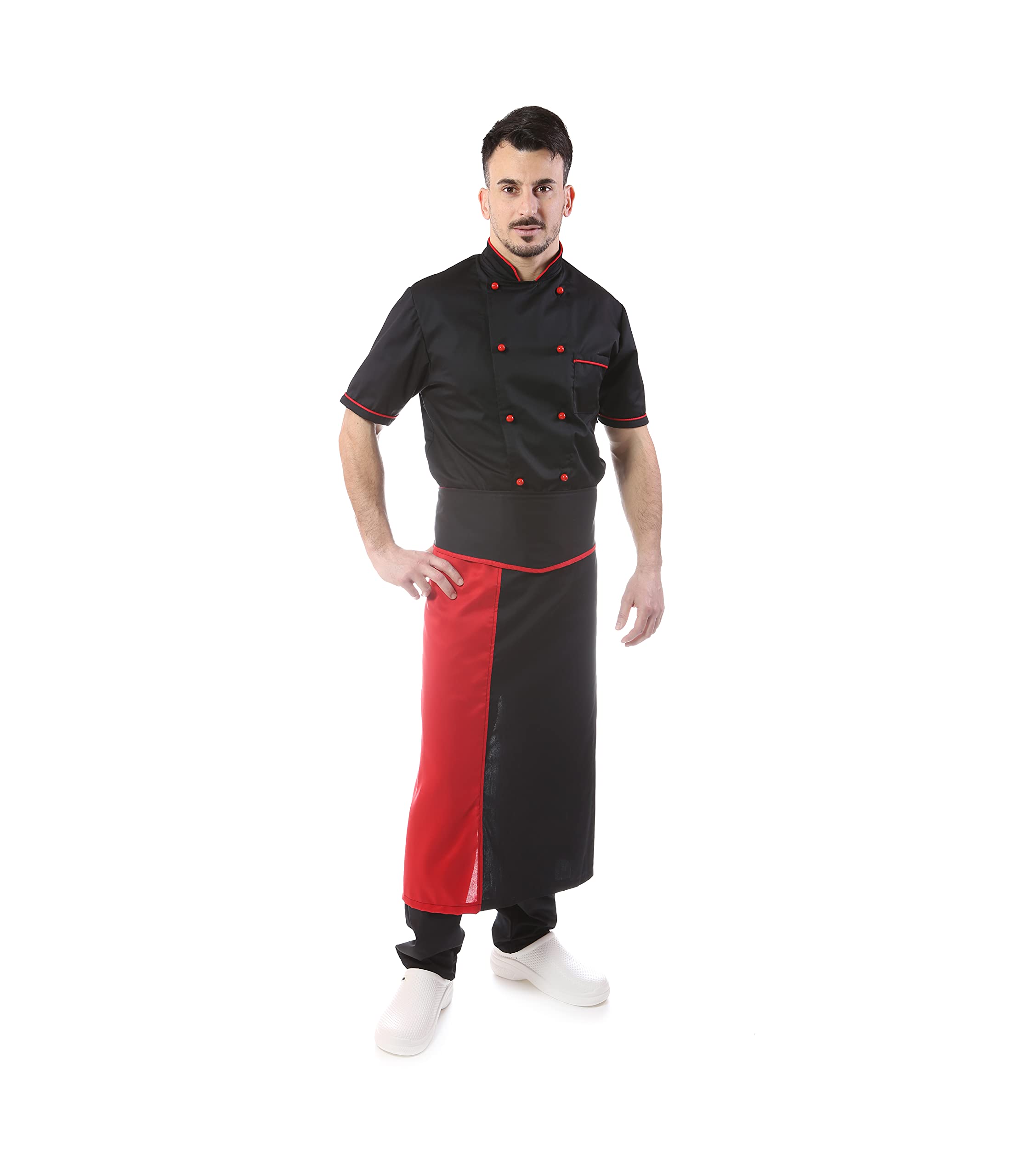 tessile astorino Ricamo Gratuito - Completo Cuoco Uomo - Divisa Chef - Nero e Rosso - Manica Corta - Giacca, Pantaloni e Grembiule - 100% Cotone - Uniforme per Cucina e Ristorante (XS)