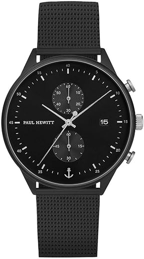 PAUL HEWITT Stainless Steel Men Analog Watch Chrono Line Black Sunray Ip Black With Mesh Strap In Ip Black, Band_Brown