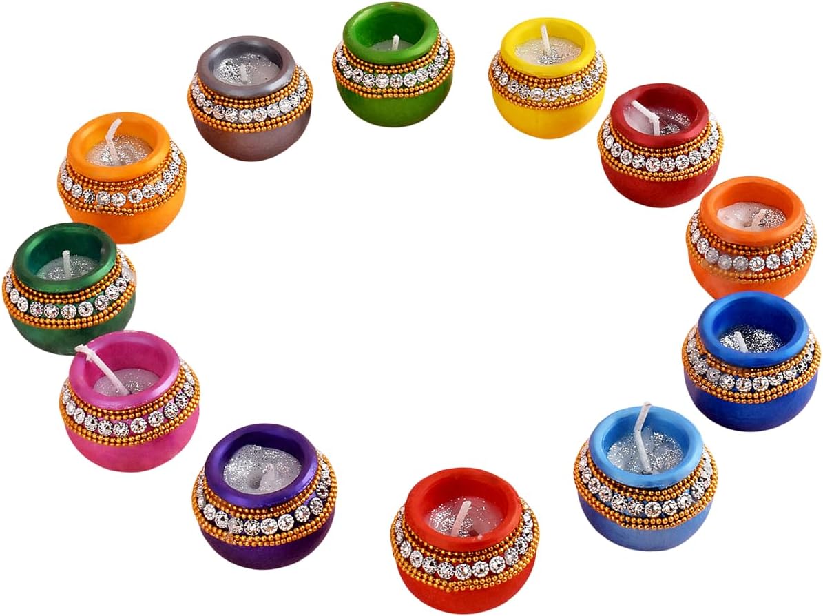 SATVIK Set of 12 Earthen Elegance Wax-Filled Clay Matki Diyas l Eco-Friendly Glossy Terracotta Lamps for Diwali Decoration, Festive Lighting, Home Décor