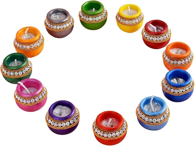Satvik multicolor clay diyas - front