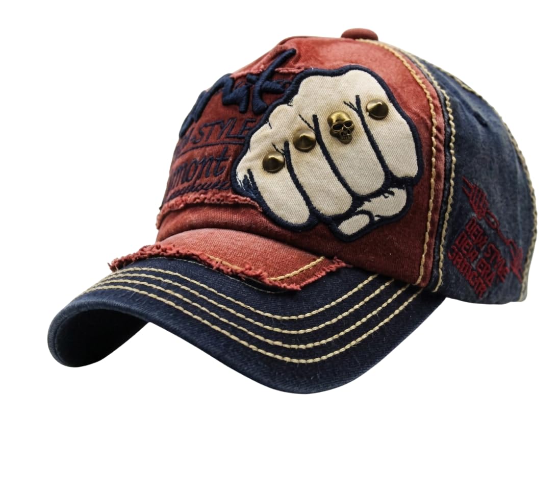 Unisex Vintage Distressed Baseball Cap – Edgy Punch Fist Embroidered Snapback, Punk Rock Studded Trucker Hat, Adjustable Outdoor Sun Cap for Men & Women, Red-Blue-image-27