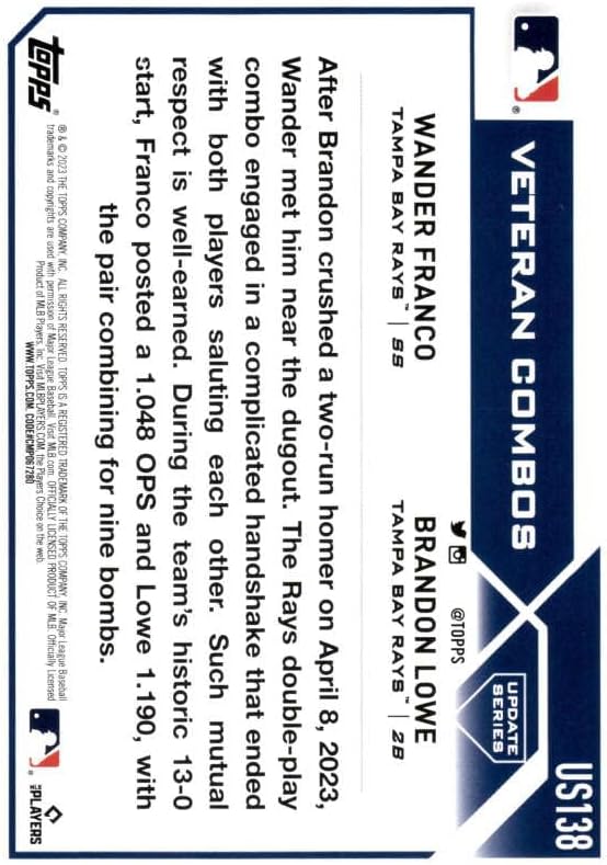 Miniatura 2 de 2023 Topps Update Series #US138 Wander FrancoBrandon Lowe Tampa Bay Rays Veteran Combo Official MLB Baseball Card in Raw (NM or Better) Condition